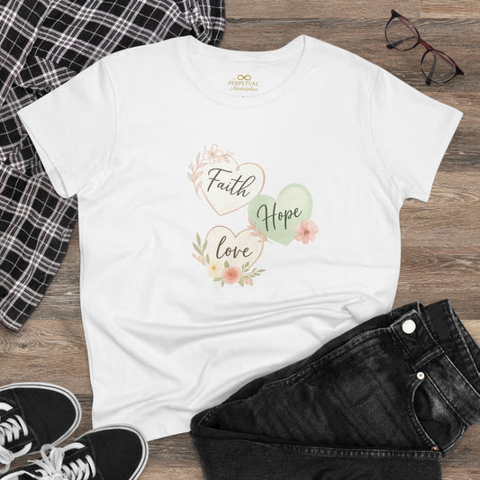 Faith Hope Love Christian Floral T-Shirt – Scripture Heart Design for Women