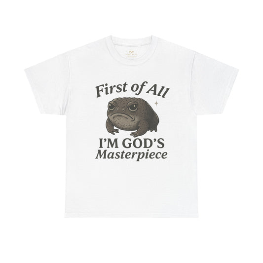 First of All I’m God’s Masterpiece Raccoon Shirt – Funny Christian Tee | Ephesians 2:10 Bible Verse Shirt
